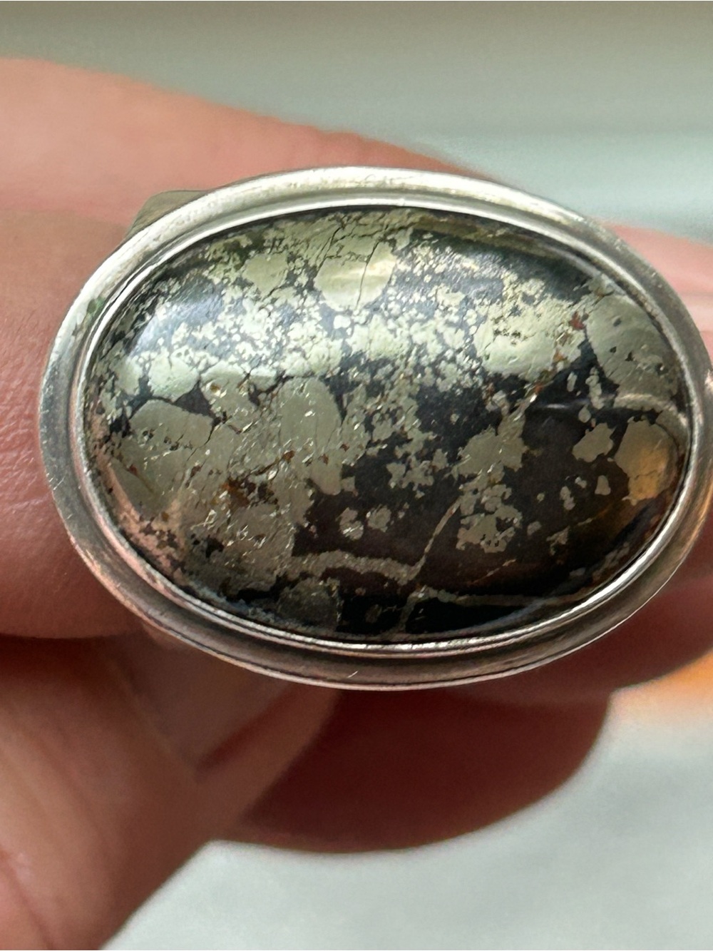 Sterling Silver Natural Golden Pyrite Oval Statement Ring